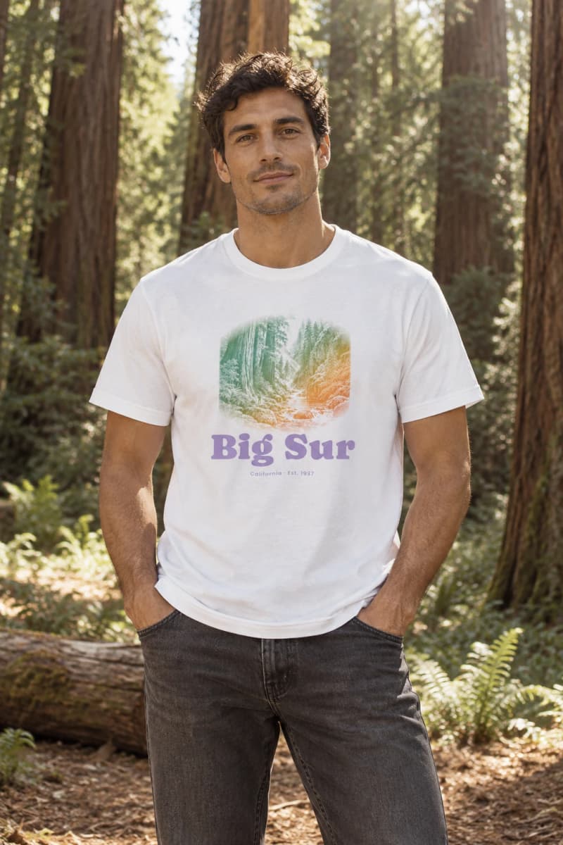 Model wearing the Big Sur Redwood Gorge Classic Tee in White