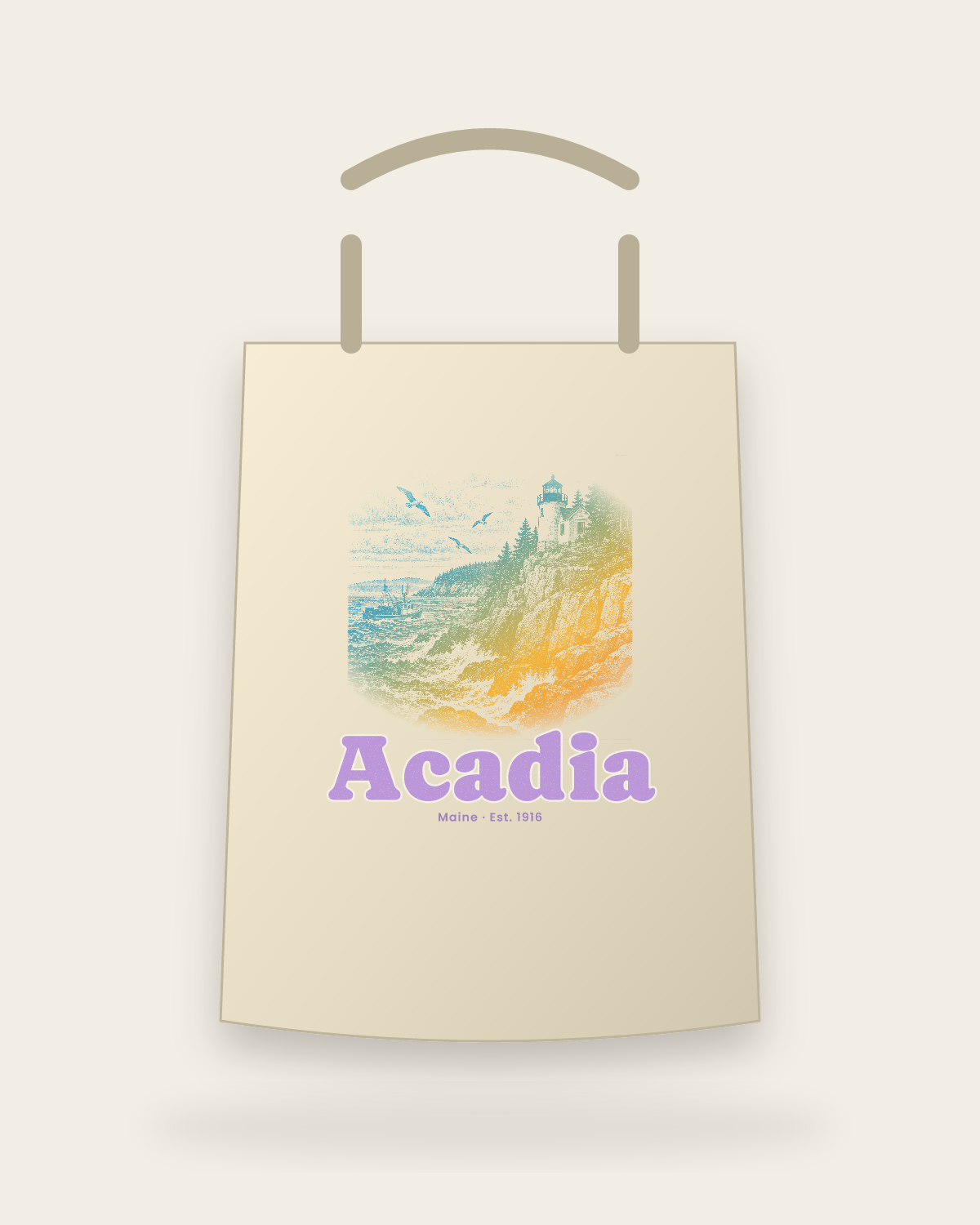 Acadia Bass Harbor Light Canvas Tote in Beige