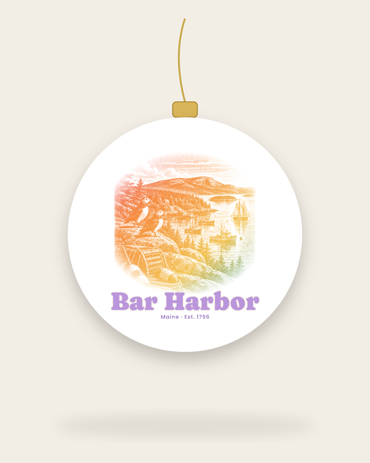 Bar Harbor Harbor Puffins Ceramic Ornament in White