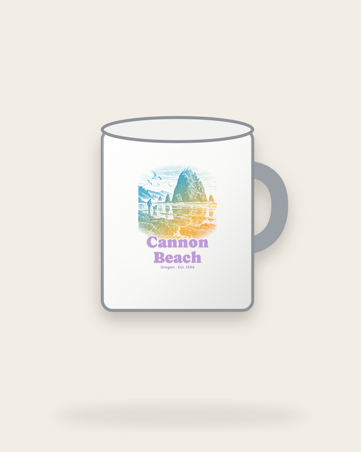 Cannon Beach Haystack Rock Enamel Camp Mug in White