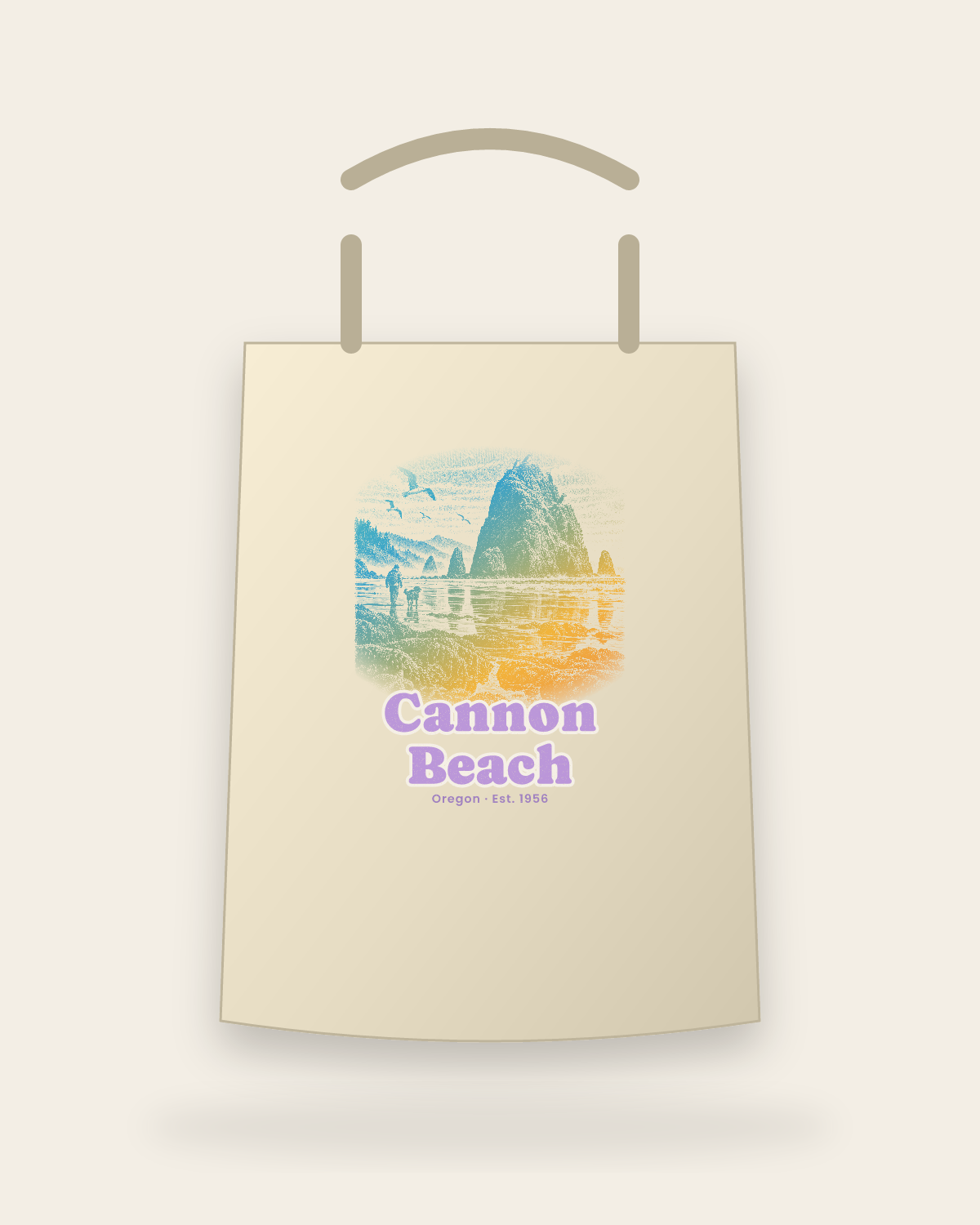 Cannon Beach Haystack Rock Canvas Tote in Beige