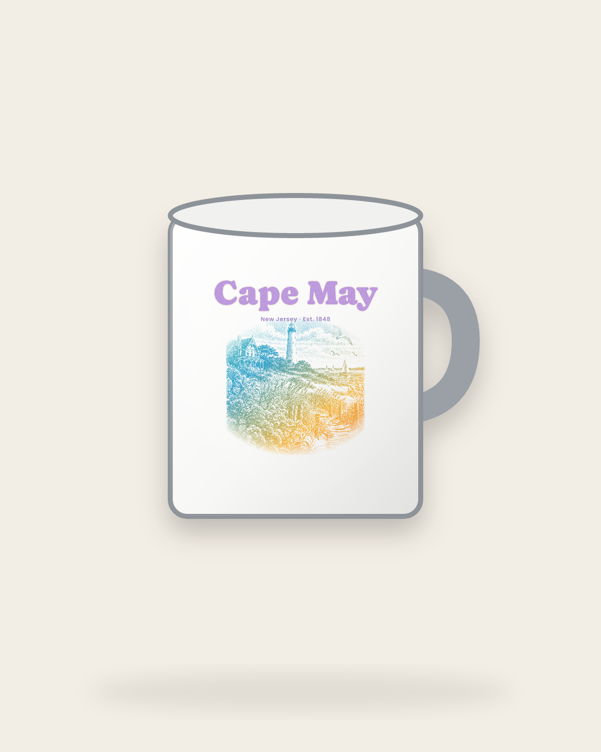 Cape May Lighthouse & Monarchs Enamel Camp Mug in White