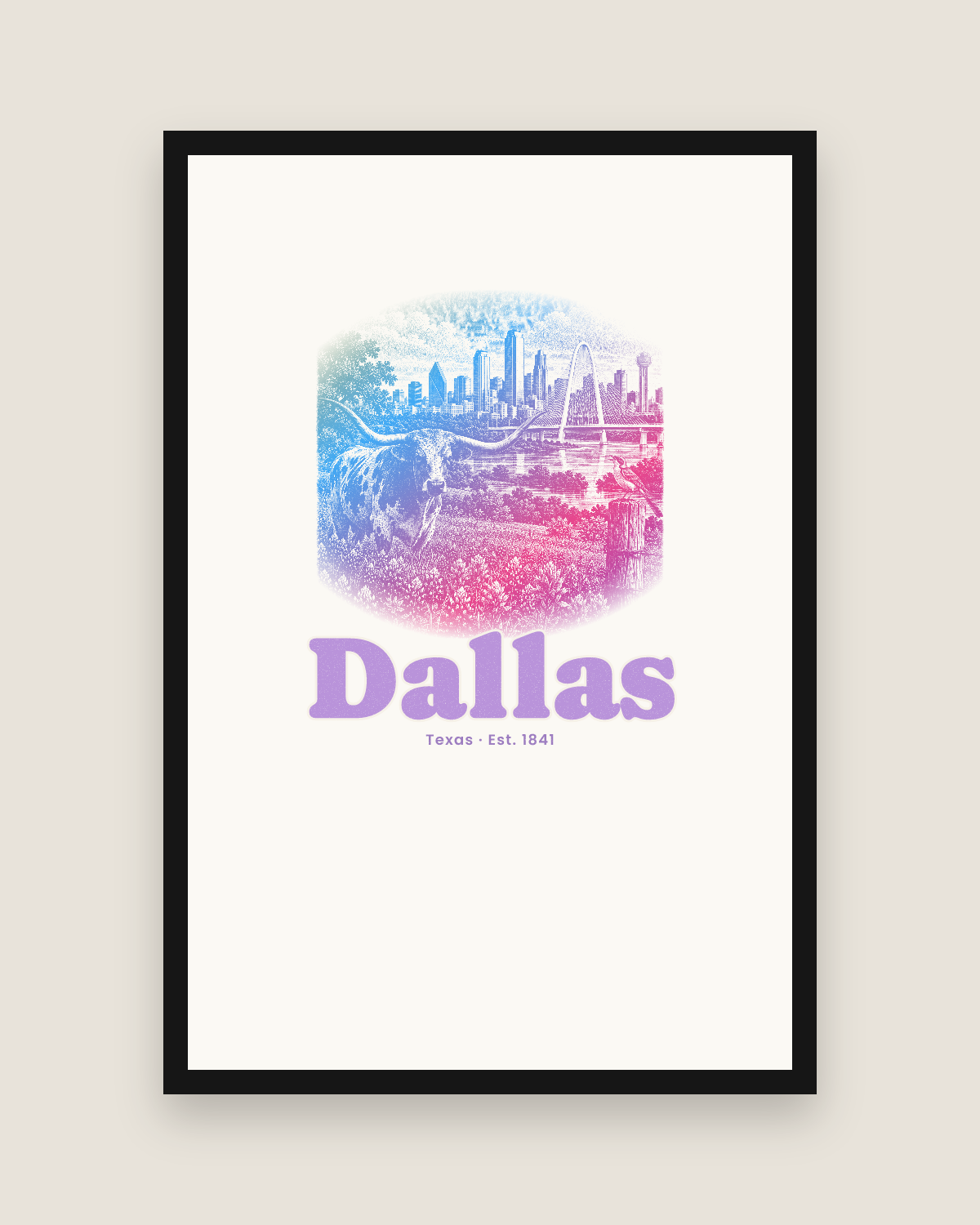 Dallas Bluebonnet Longhorn Matte Poster in White