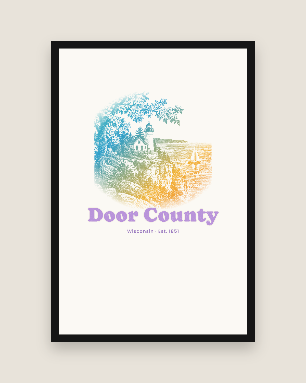 Door County Cherry Blossom Lighthouse Matte Poster in White