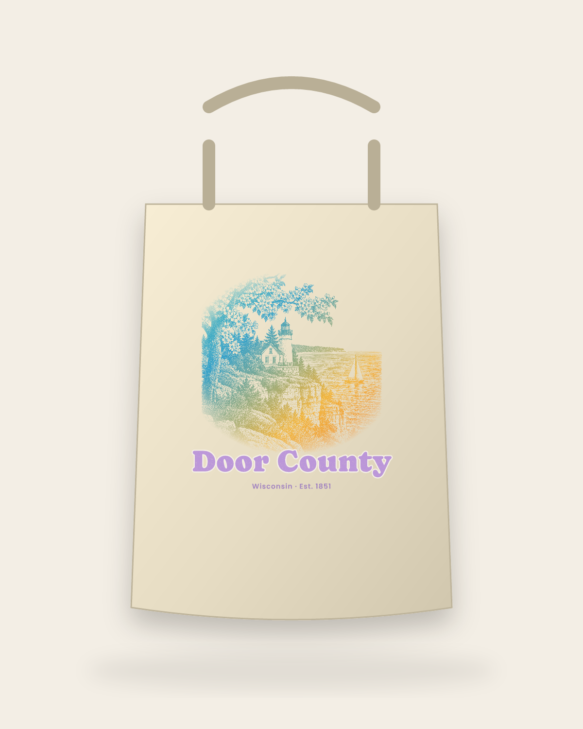 Door County Cherry Blossom Lighthouse Canvas Tote in Beige