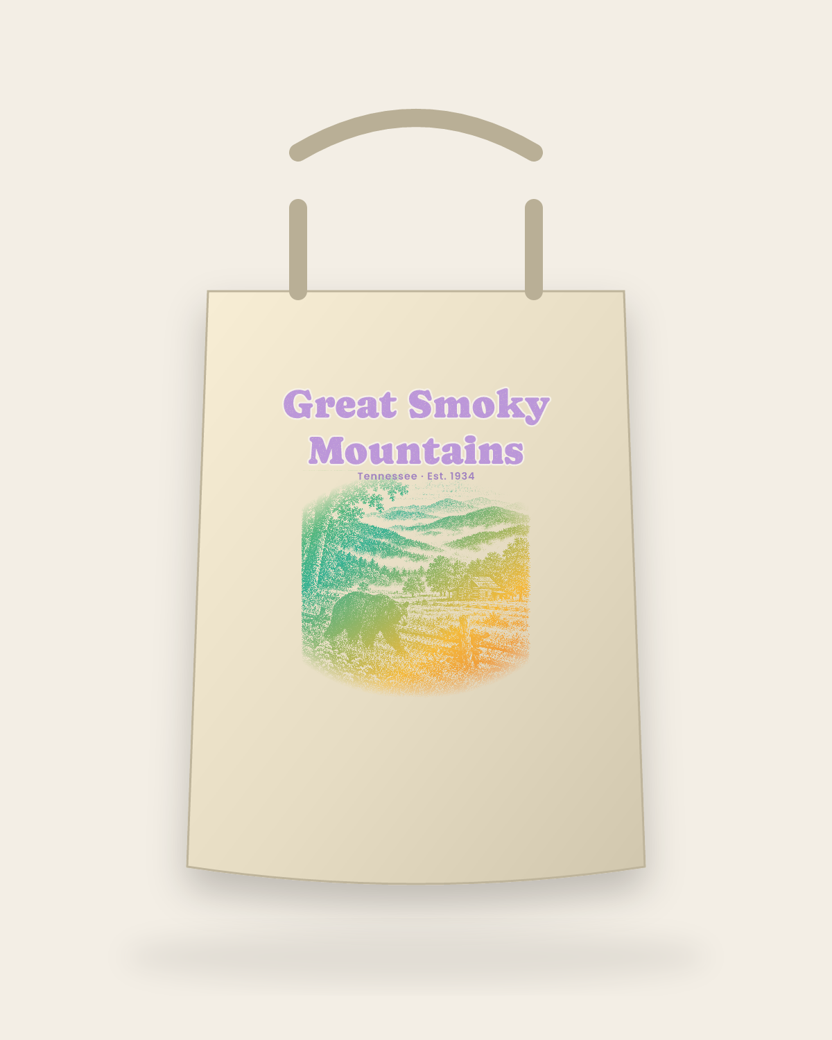Great Smoky Mountains Cades Cove Bear Canvas Tote in Beige