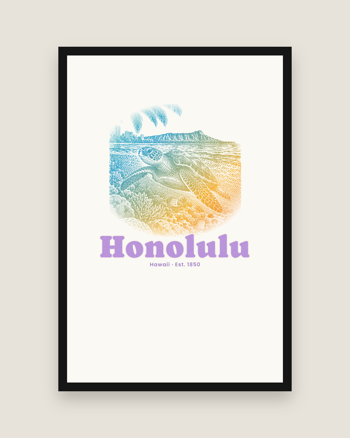 Honolulu Sea Turtle Matte Poster in White