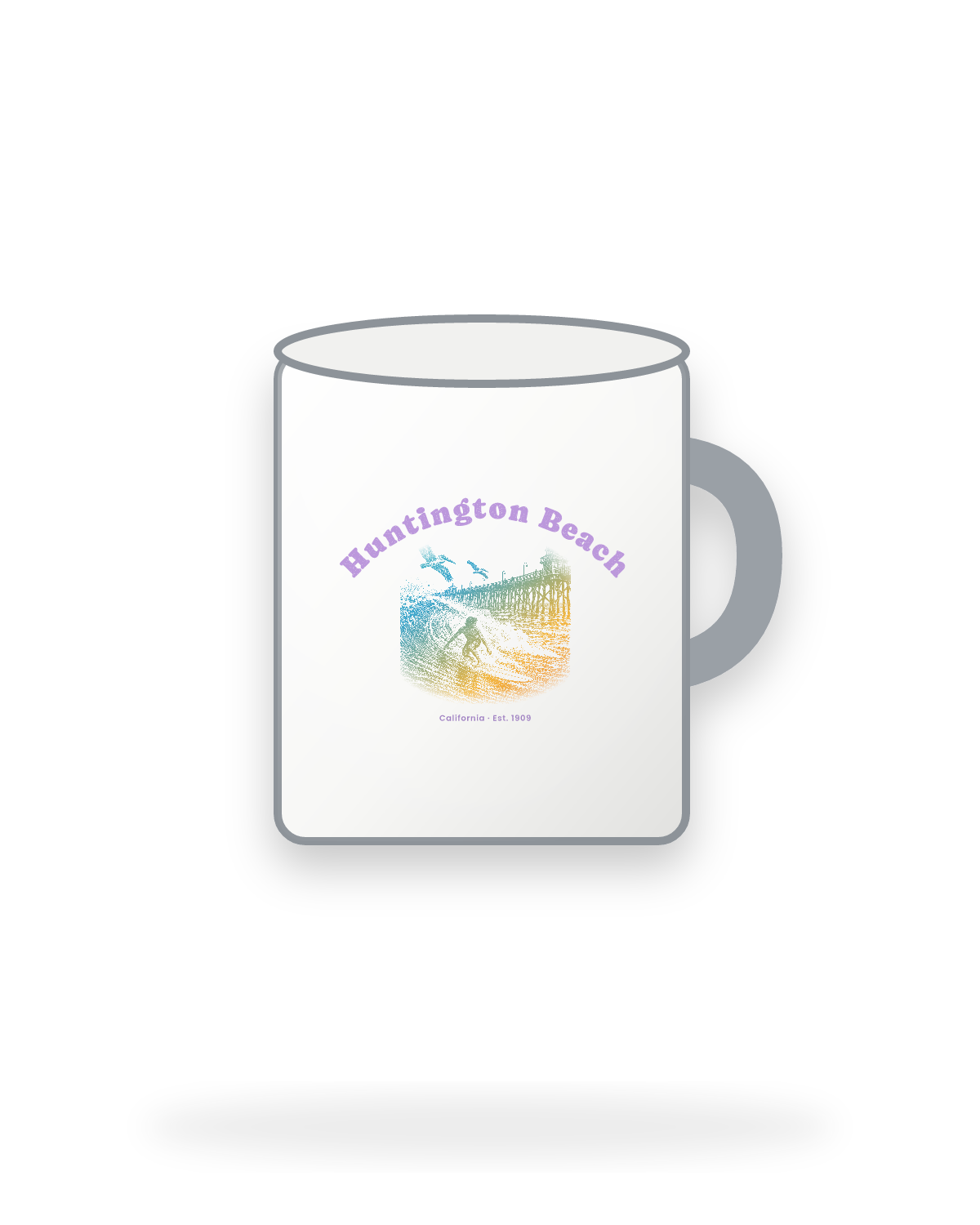 Huntington Beach Pier Surfer Enamel Camp Mug in White