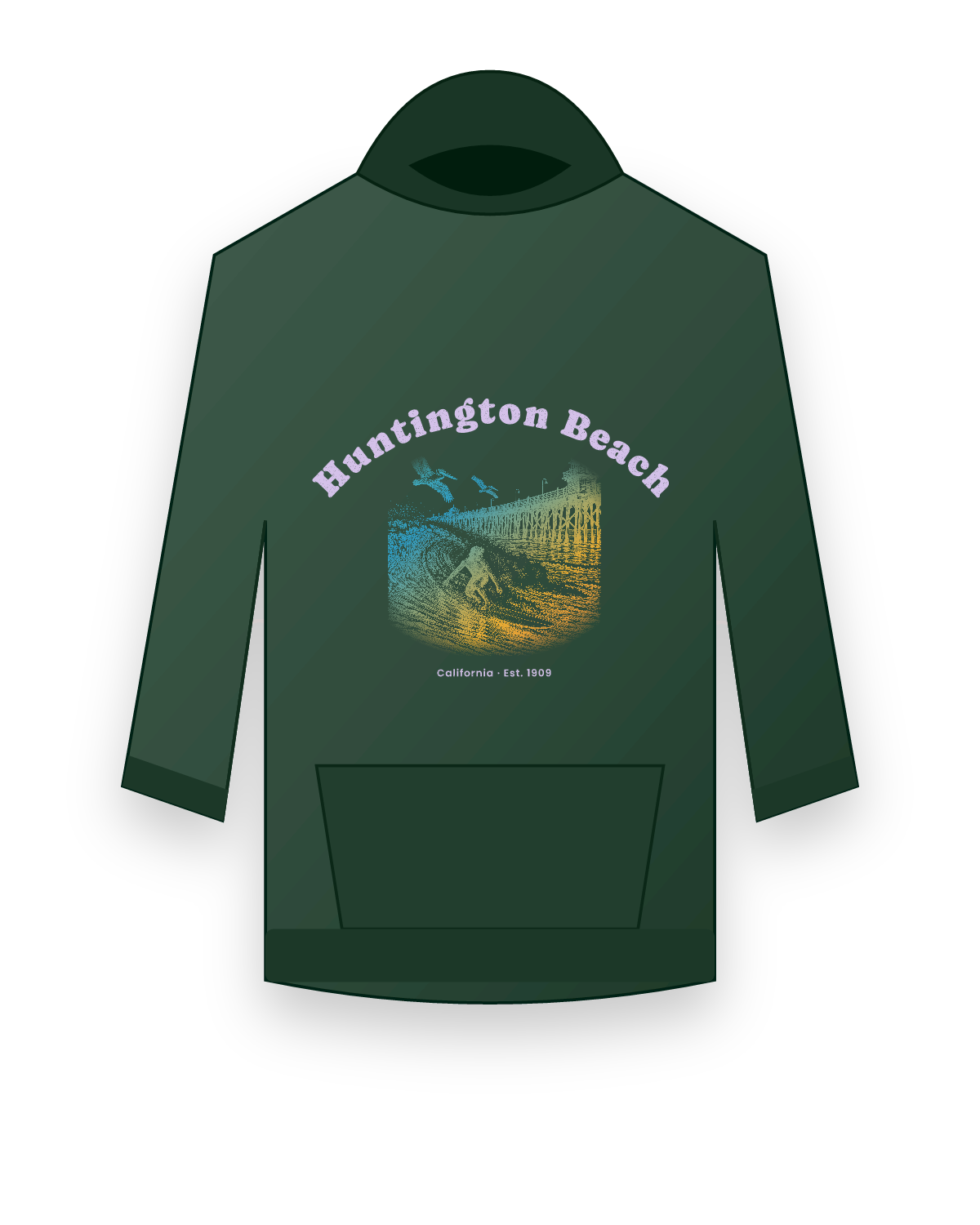 Huntington Beach Pier Surfer Hooded Sweatshirt in Forest Green