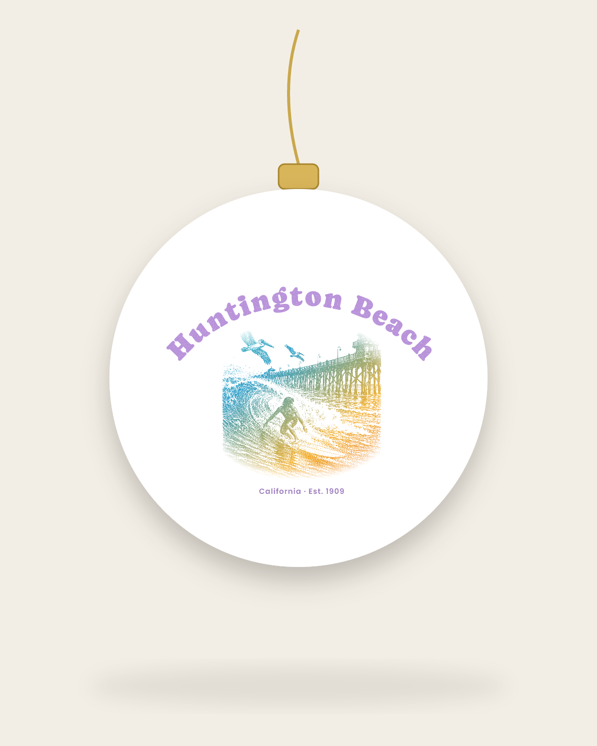 Huntington Beach Pier Surfer Ceramic Ornament in White
