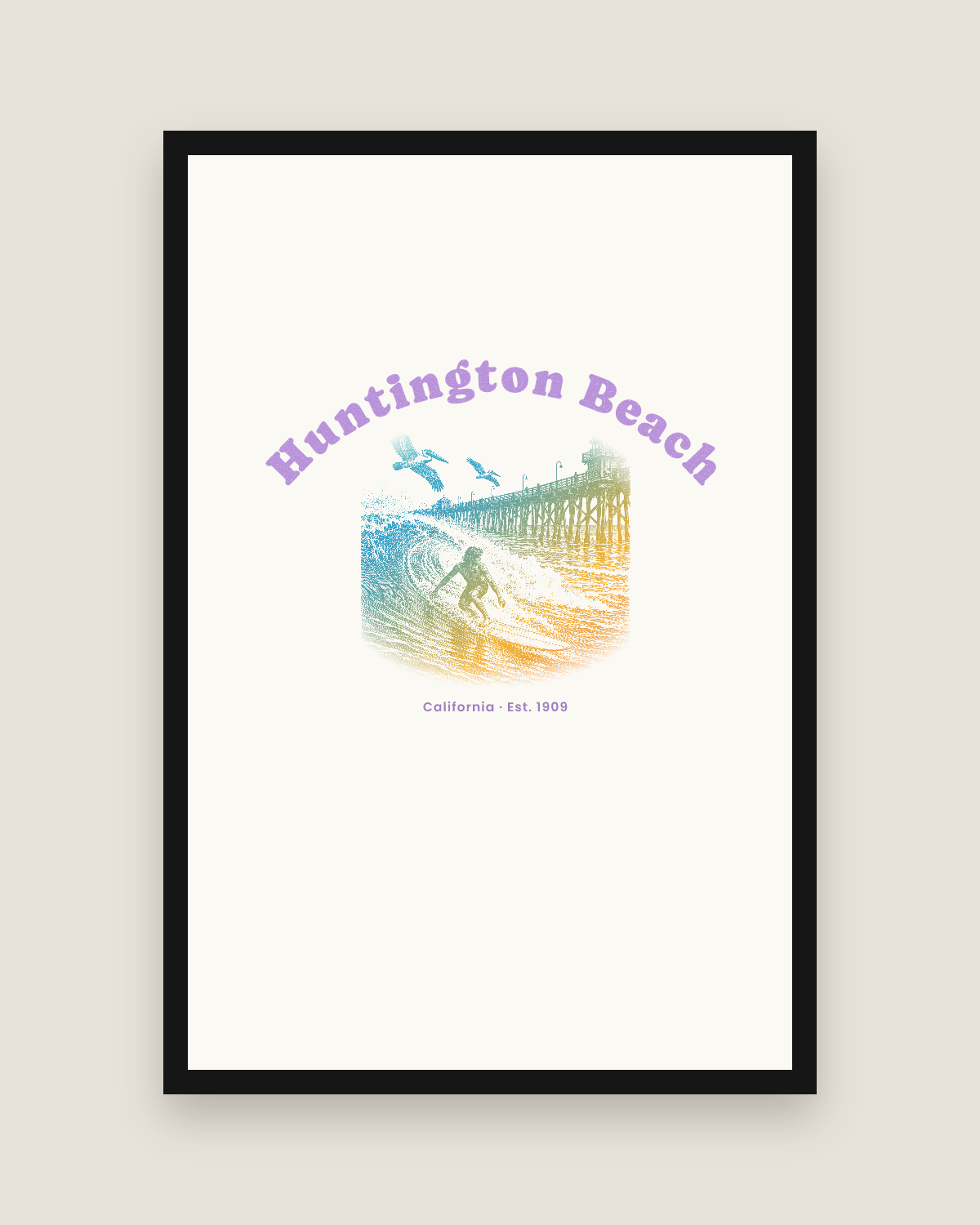 Huntington Beach Pier Surfer Matte Poster in White