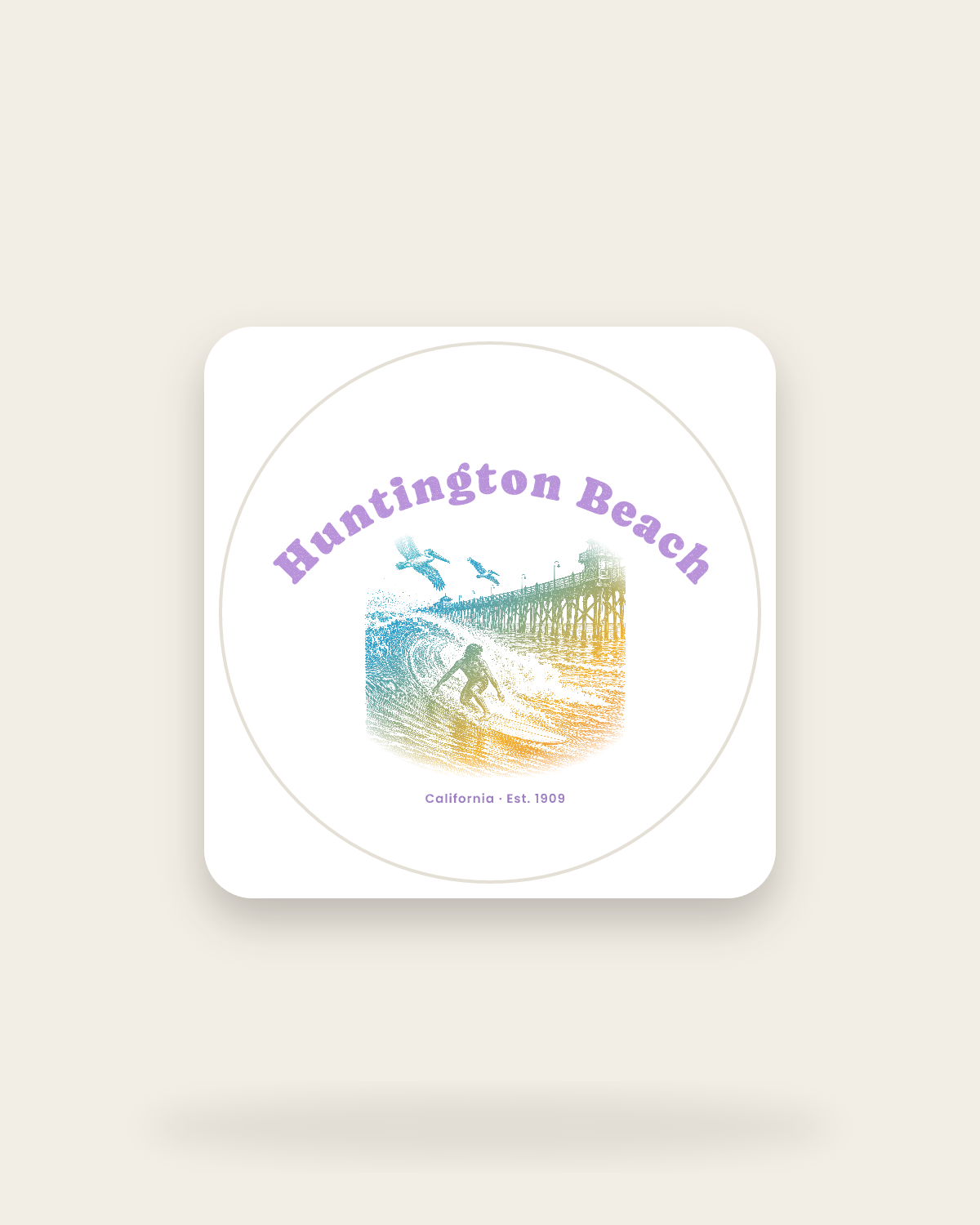Huntington Beach Pier Surfer Kiss-Cut Sticker in White