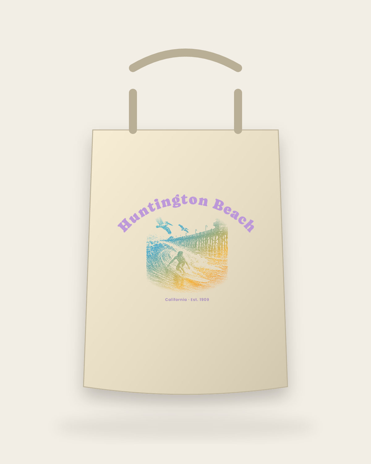 Huntington Beach Pier Surfer Canvas Tote in Beige