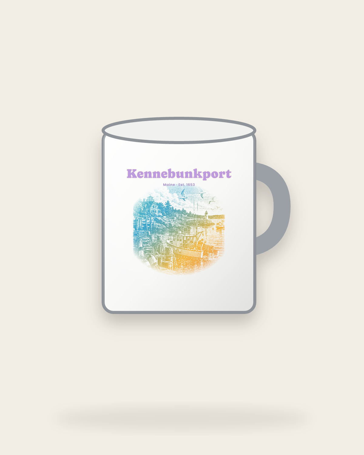 Kennebunkport Lobster Harbor Enamel Camp Mug in White