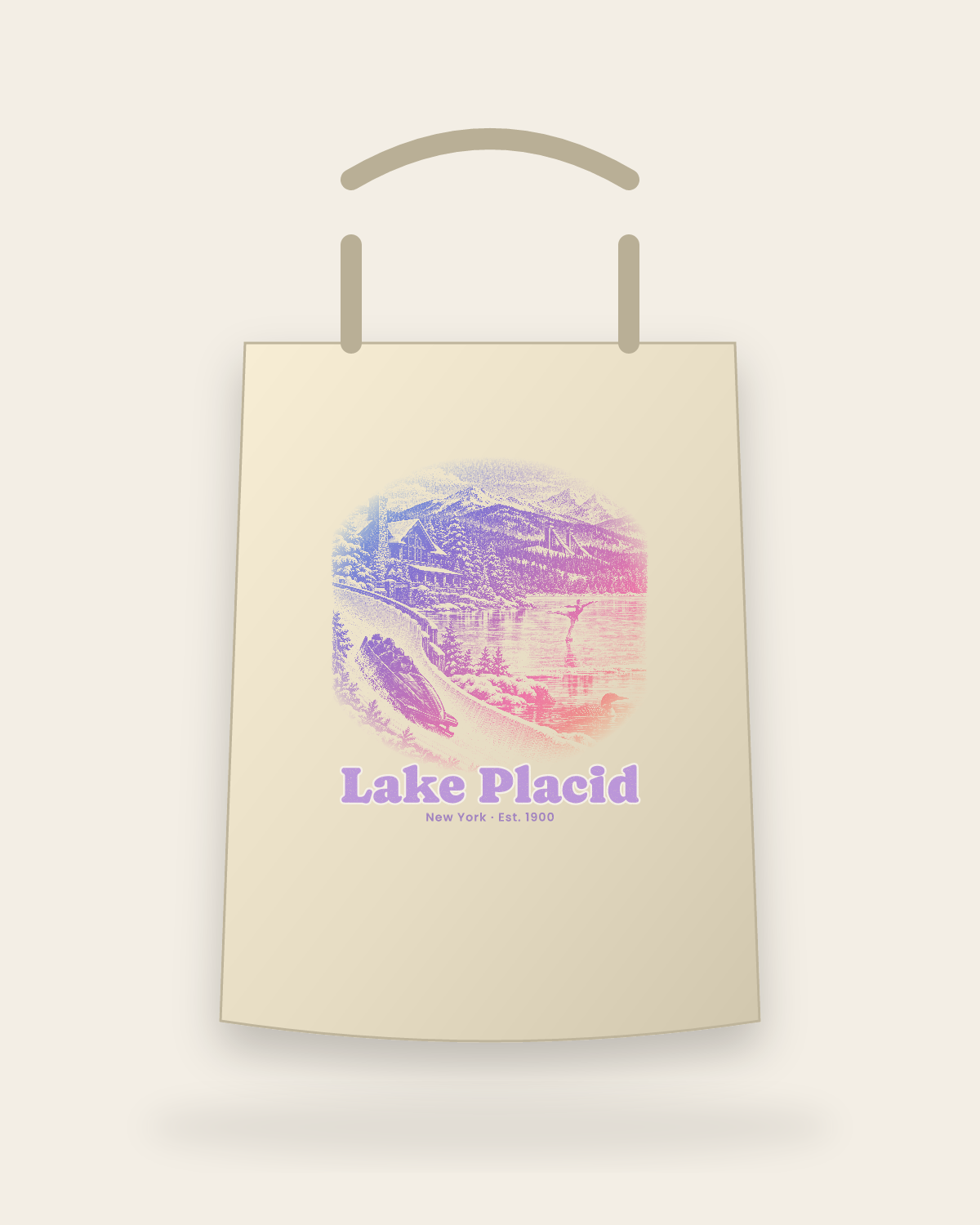 Lake Placid Winter Village Canvas Tote in Beige