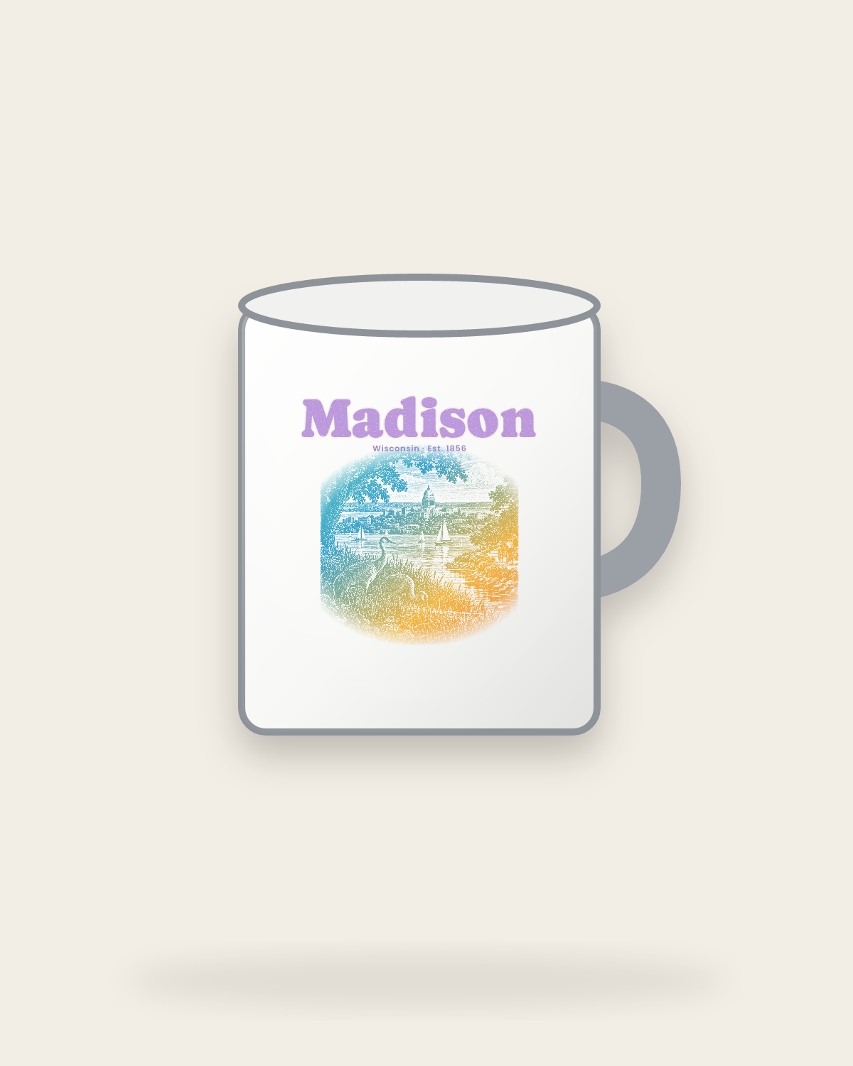 Madison Isthmus Cranes Enamel Camp Mug in White