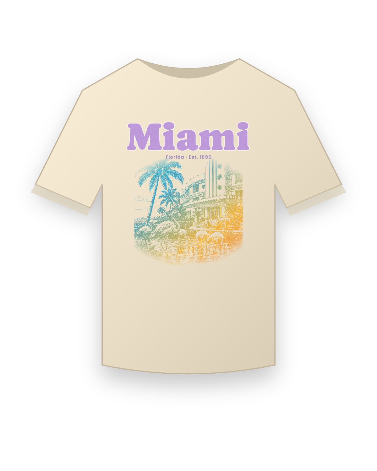 Miami, FL Art Deco Flamingos Classic Tee in Natural
