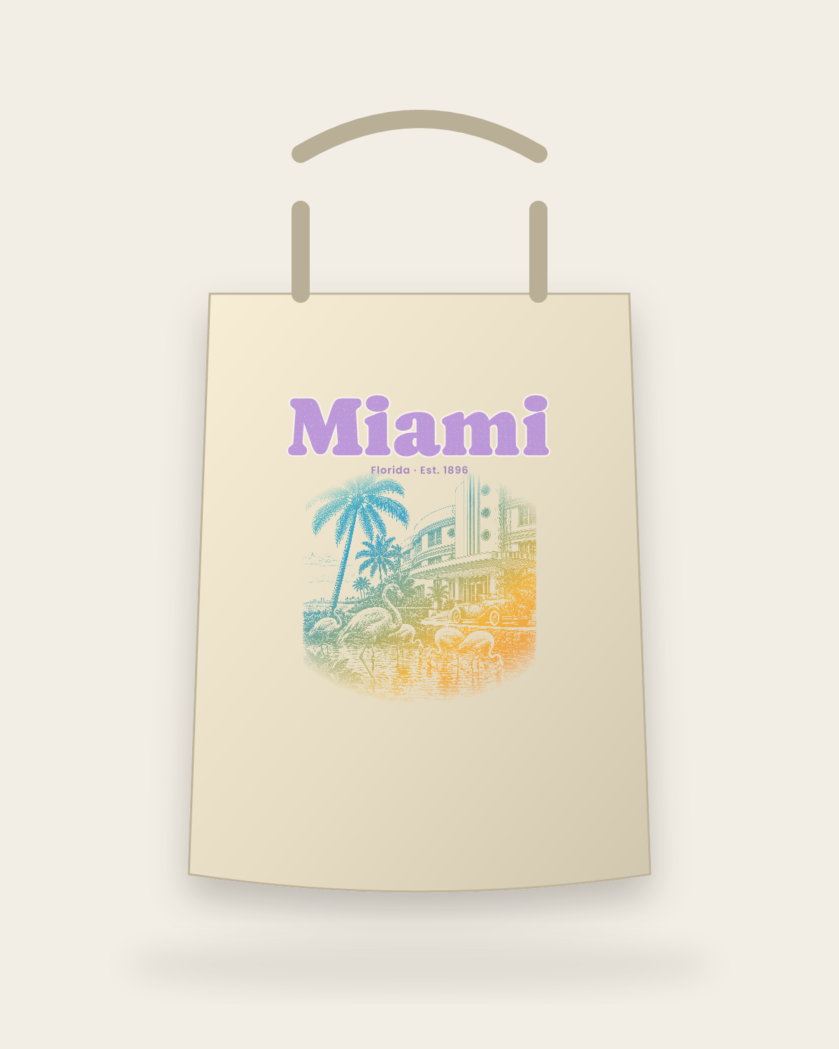 Miami Art Deco Flamingos Canvas Tote in Beige