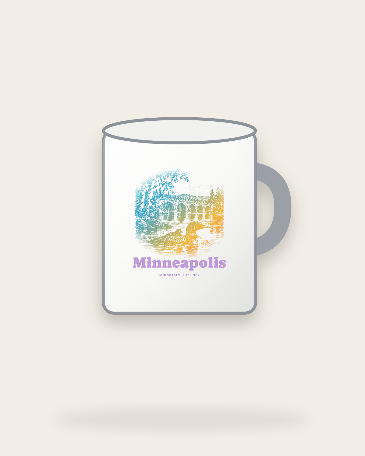 Minneapolis Loon & Stone Arch Enamel Camp Mug in White
