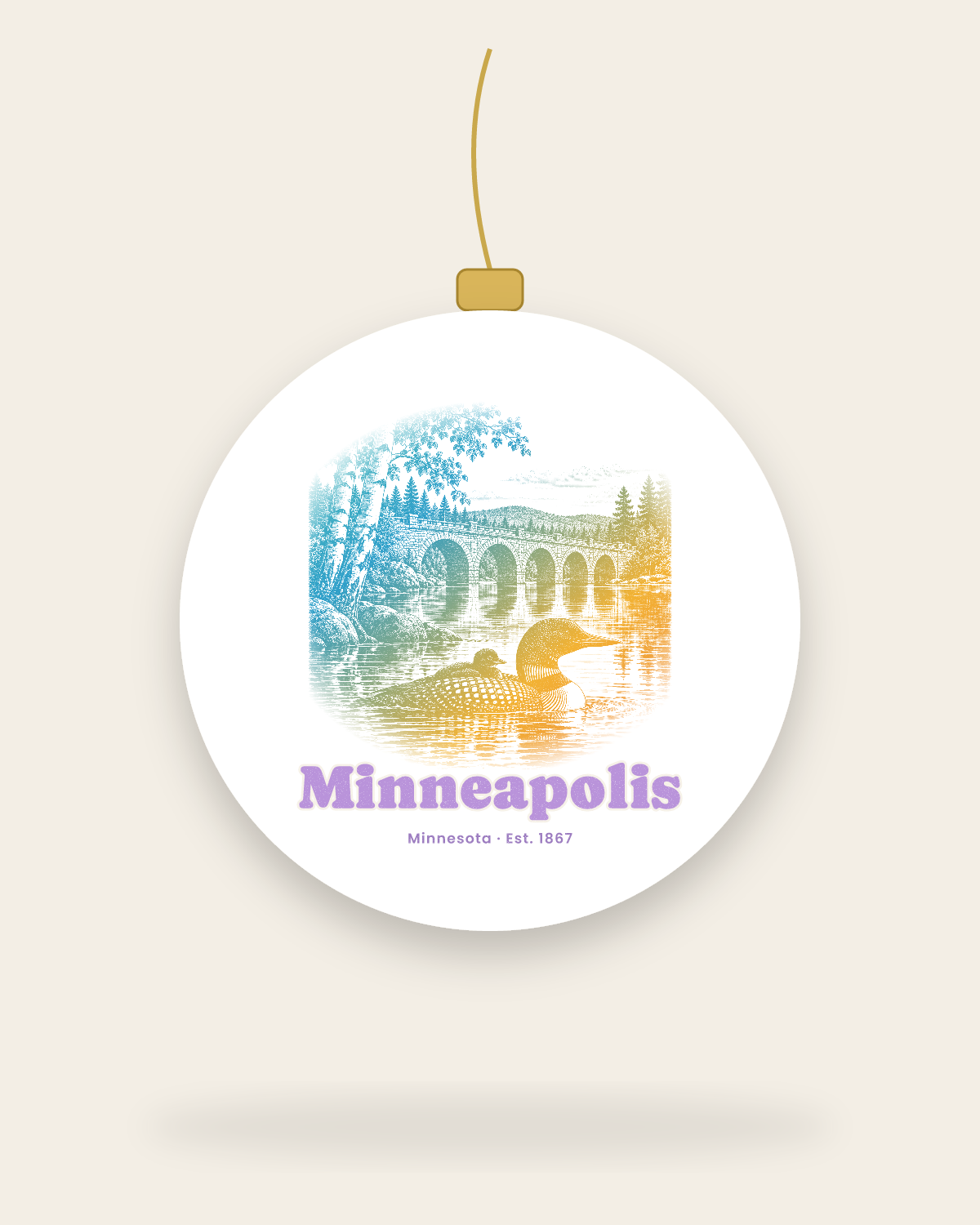 Minneapolis Loon & Stone Arch Ceramic Ornament in White