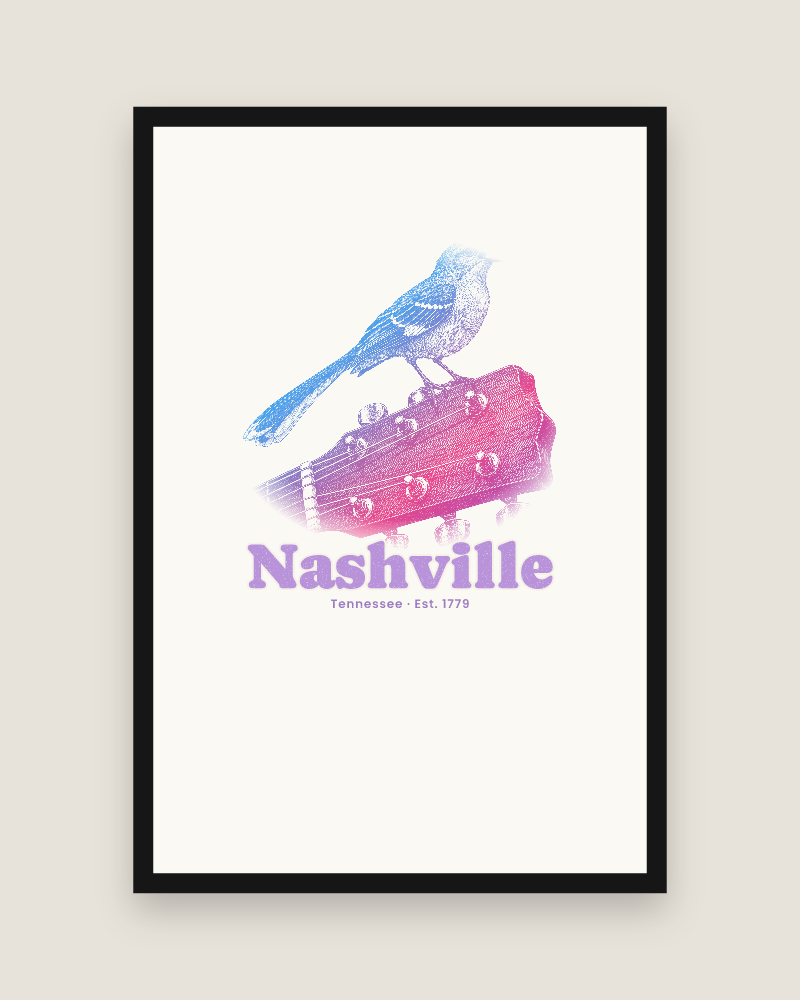Nashville Mockingbird & Guitar Matte Poster