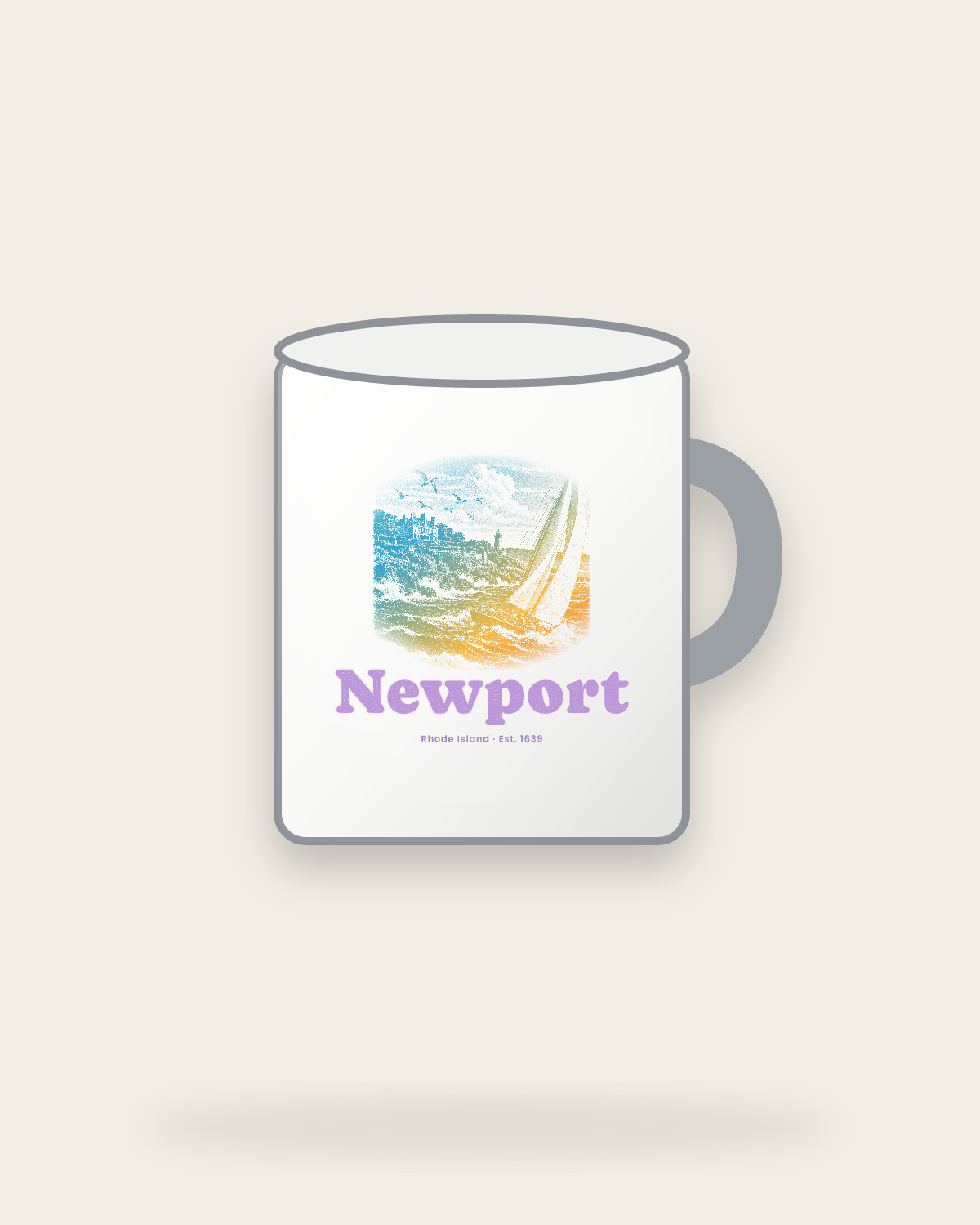 Newport Cliff Walk Sloop Enamel Camp Mug in White