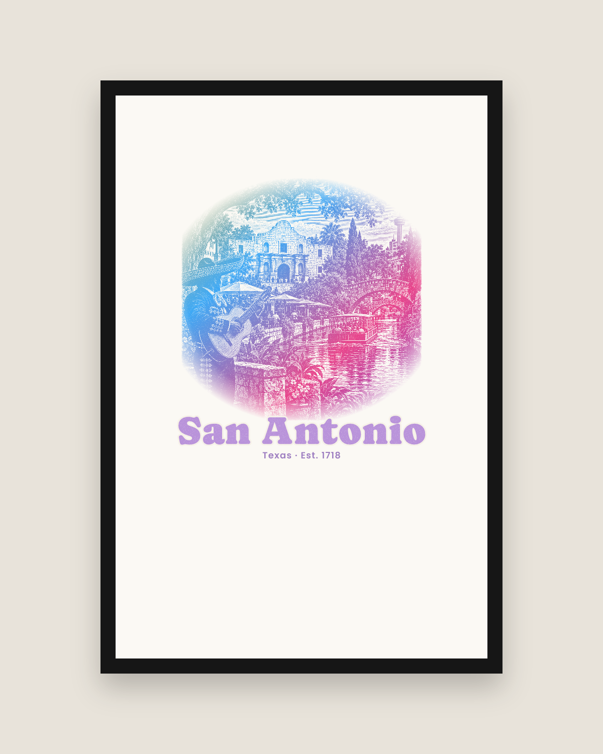 San Antonio Mission & River Walk Matte Poster in White