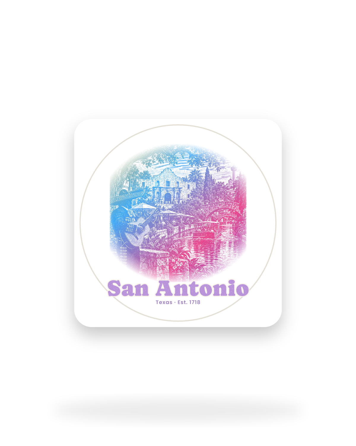 San Antonio Mission & River Walk Kiss-Cut Sticker in White