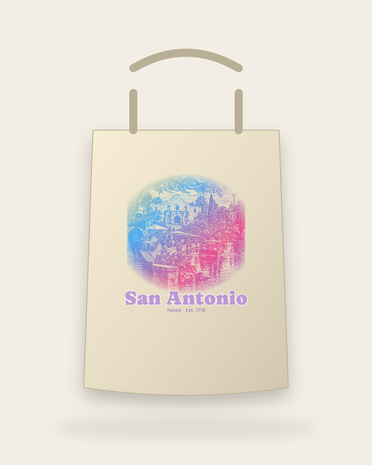 San Antonio Mission & River Walk Canvas Tote in Beige