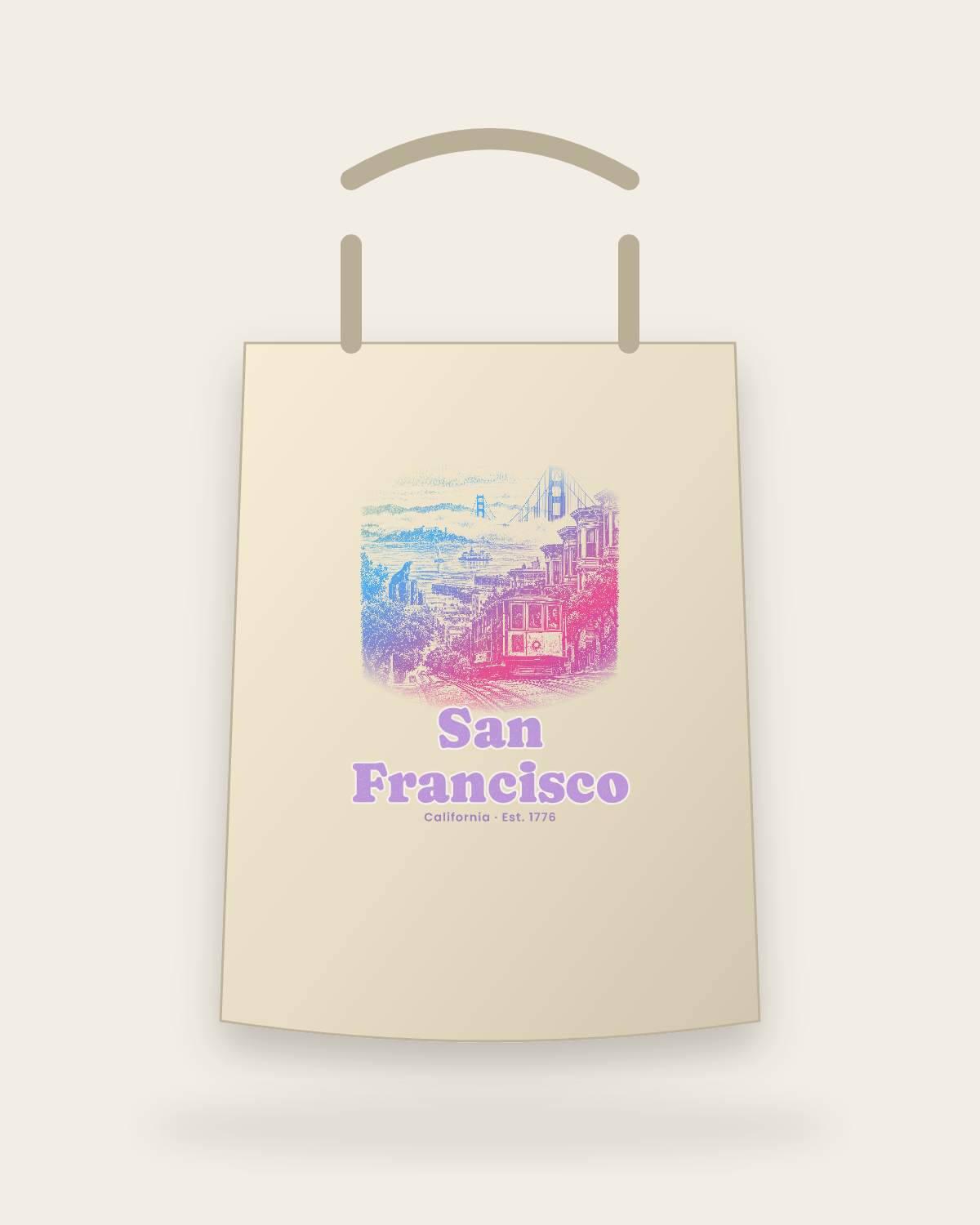 San Francisco Cable Car Hill Canvas Tote in Beige
