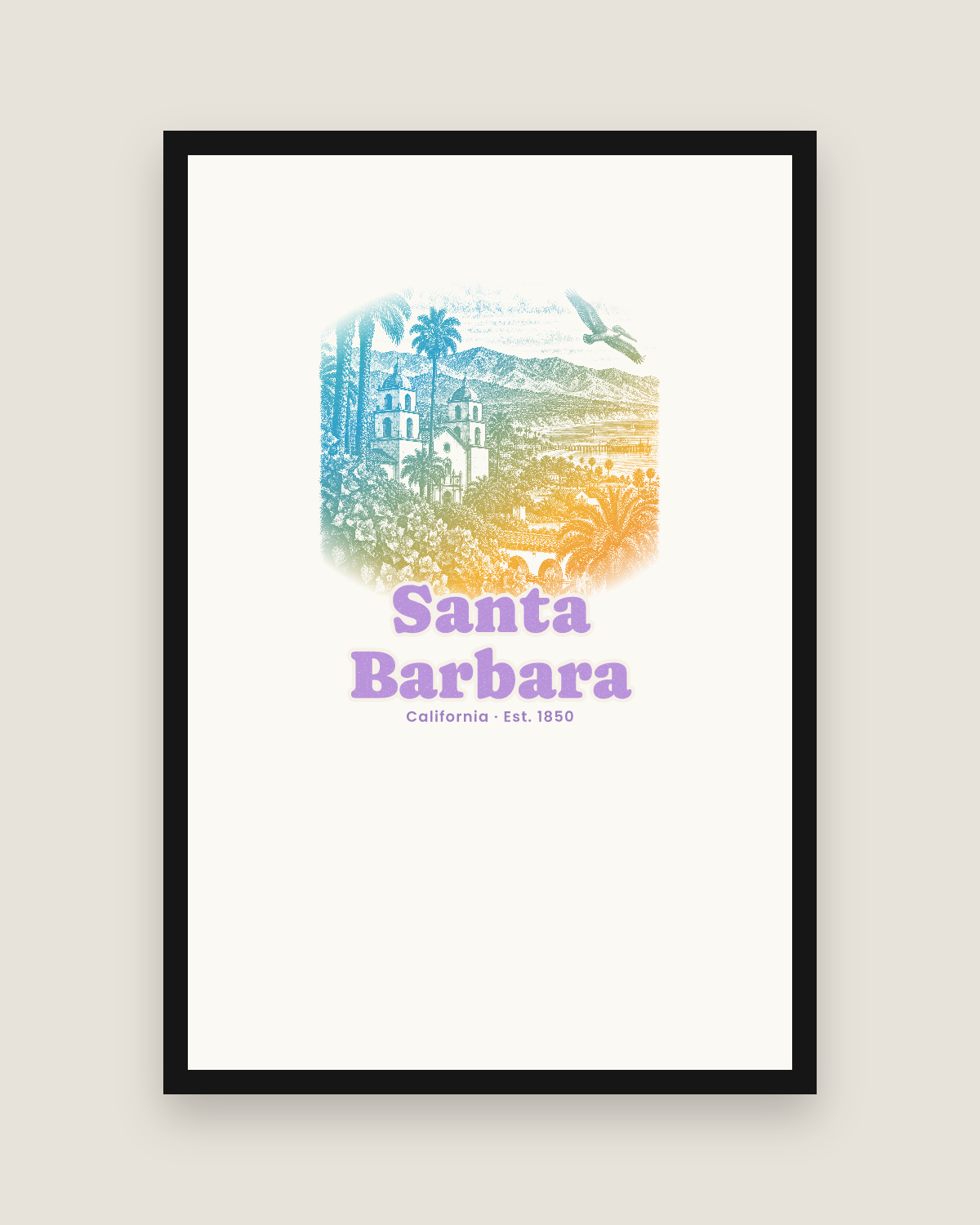 Santa Barbara Mission & Palms Matte Poster in White