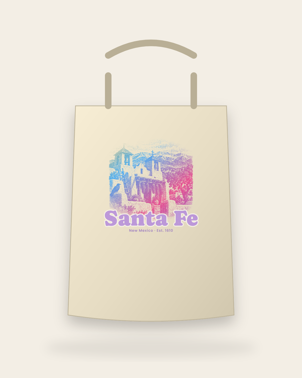 Santa Fe Adobe Church Canvas Tote in Beige