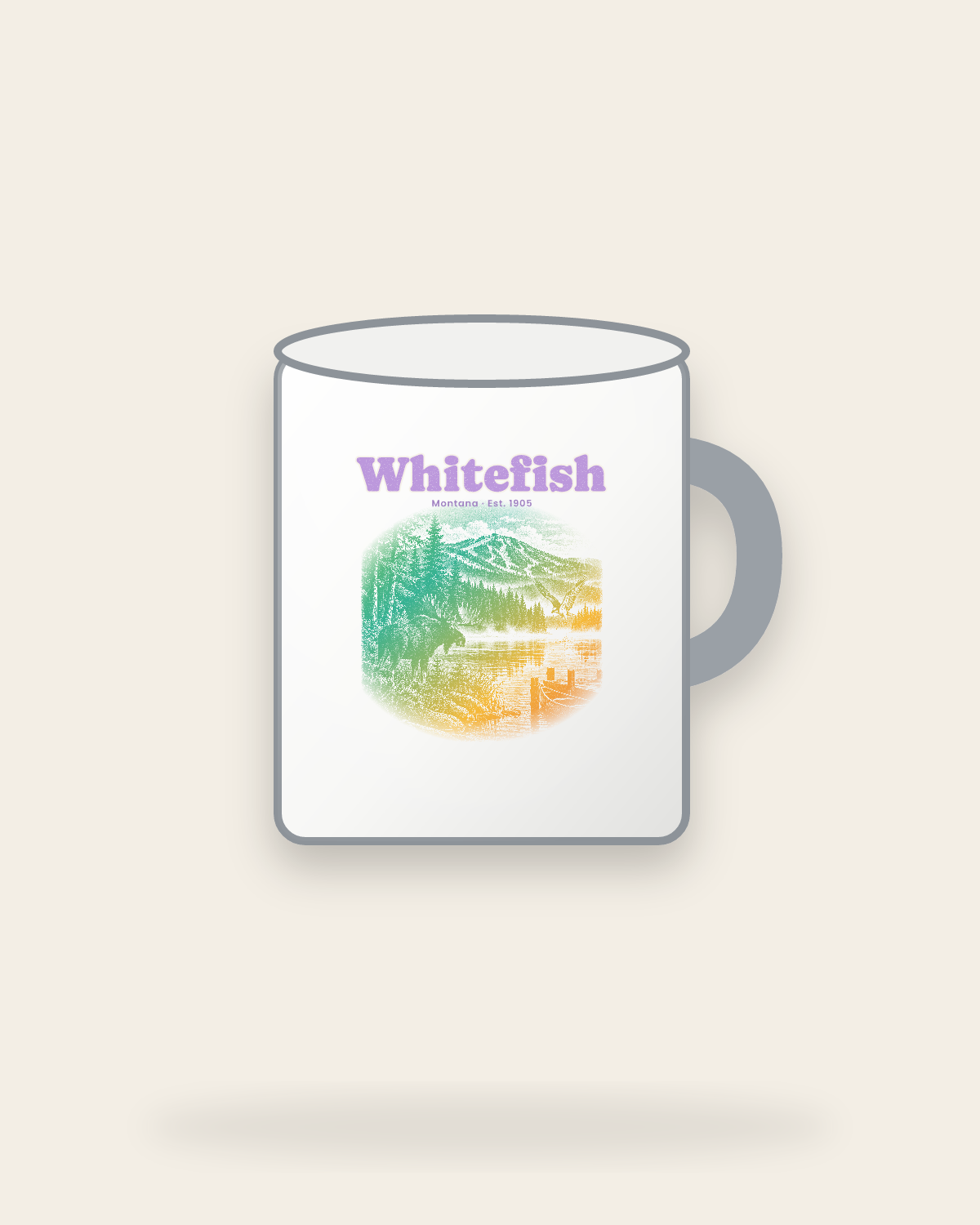 Whitefish Lake Moose Enamel Camp Mug in White